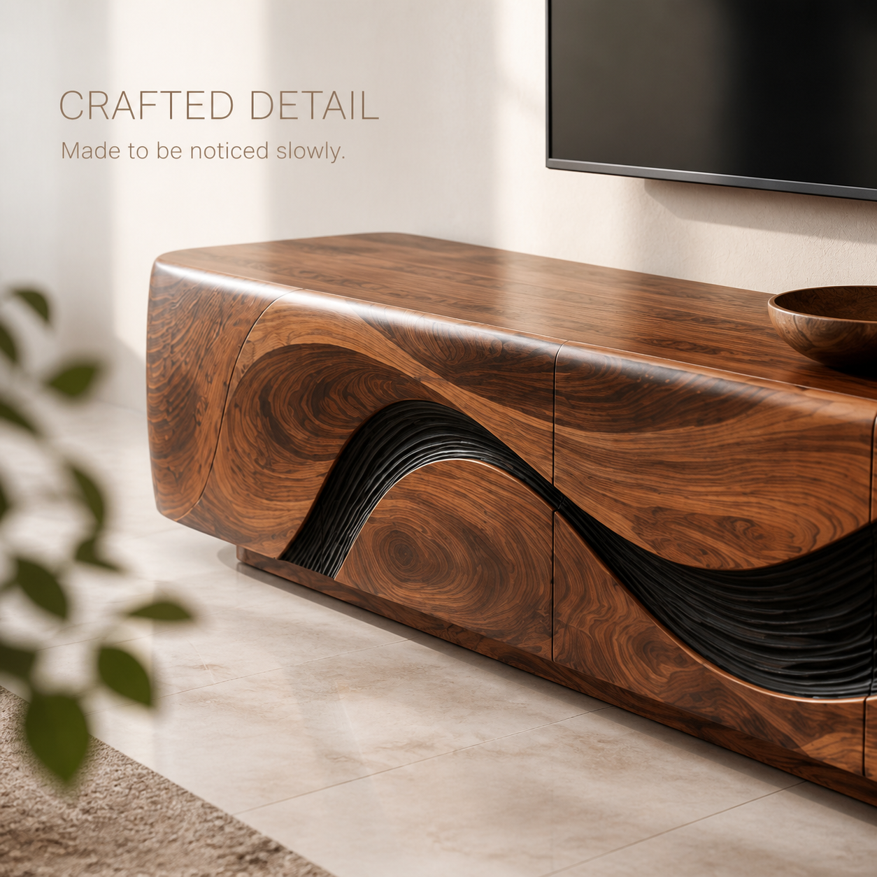 Vale Sculptural Solid Wood TV Stand - Design 016 - TV stand detail and styling view 05
