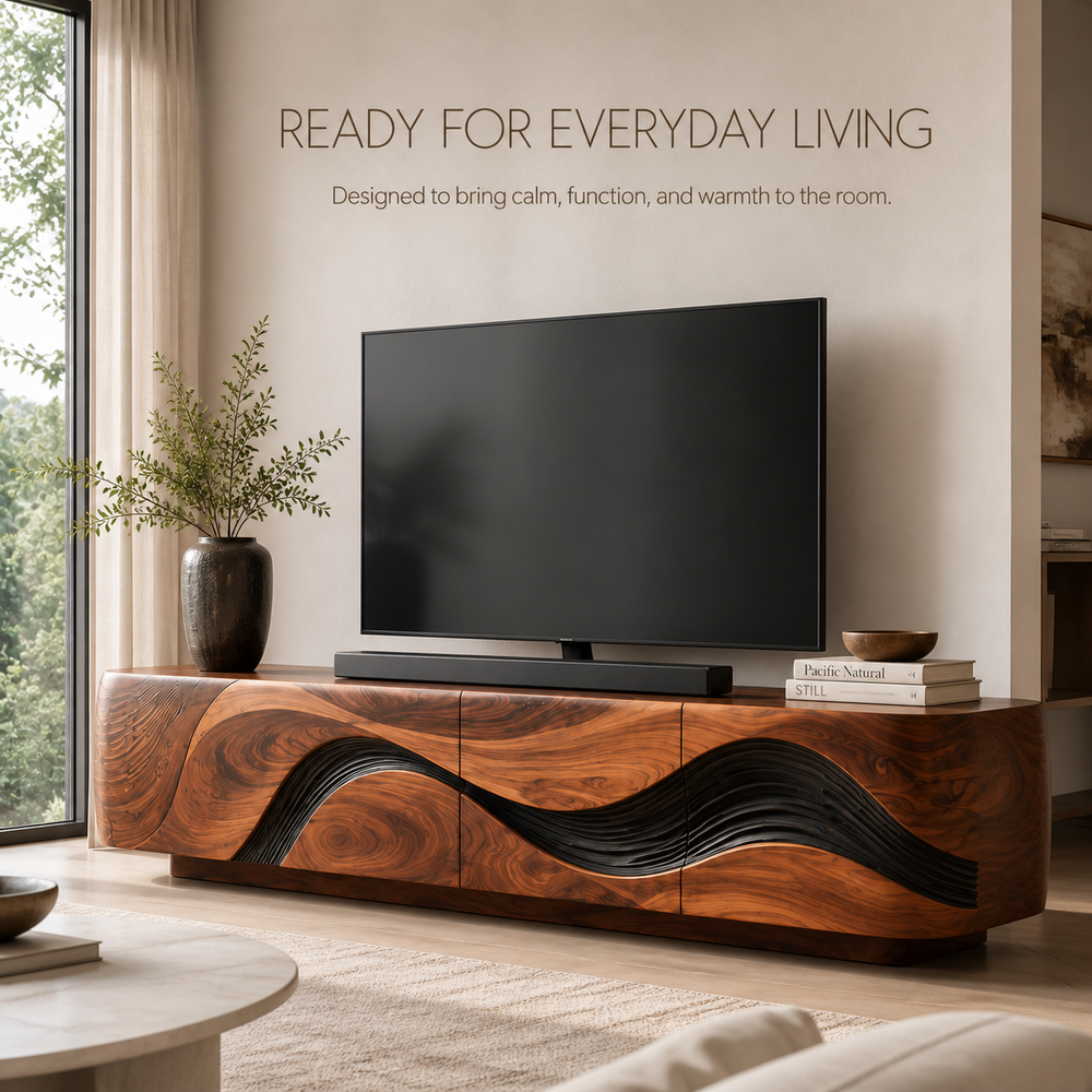 Vale Sculptural Solid Wood TV Stand - Design 016 - TV stand detail and styling view 06