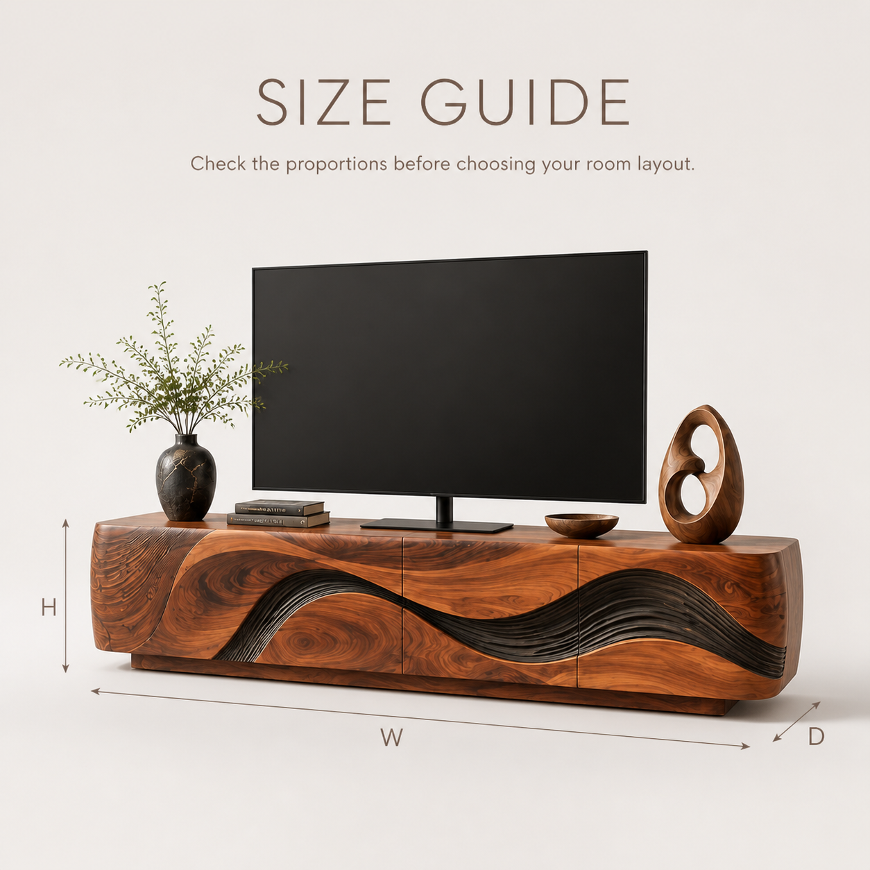 Vale Sculptural Solid Wood TV Stand - Design 016 - TV stand detail and styling view 07