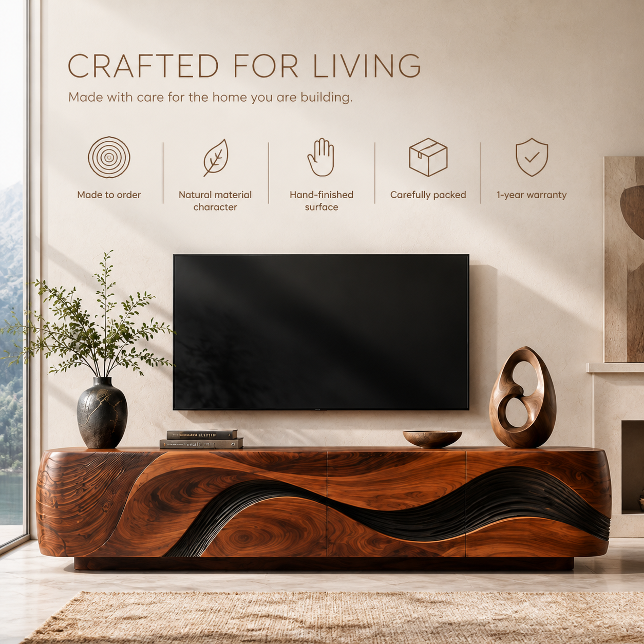 Vale Sculptural Solid Wood TV Stand - Design 016 - TV stand detail and styling view 08
