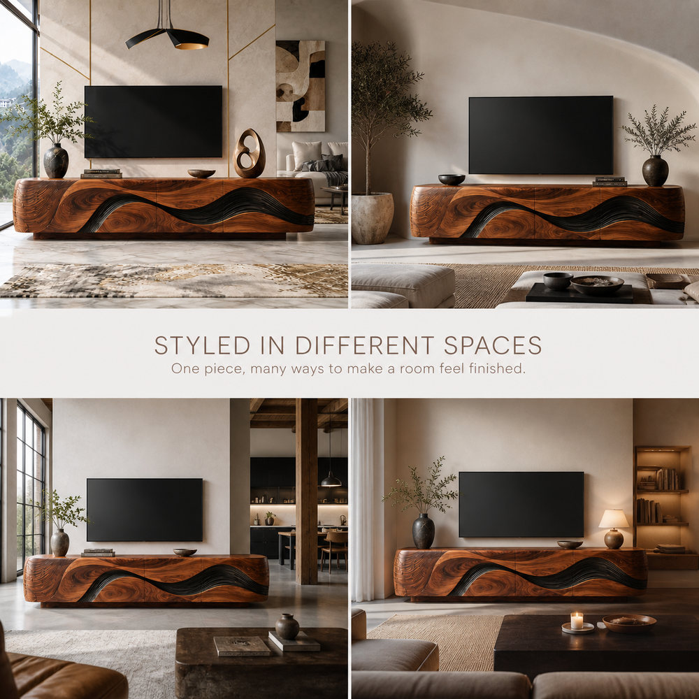 Vale Sculptural Solid Wood TV Stand - Design 016 - TV stand detail and styling view 09