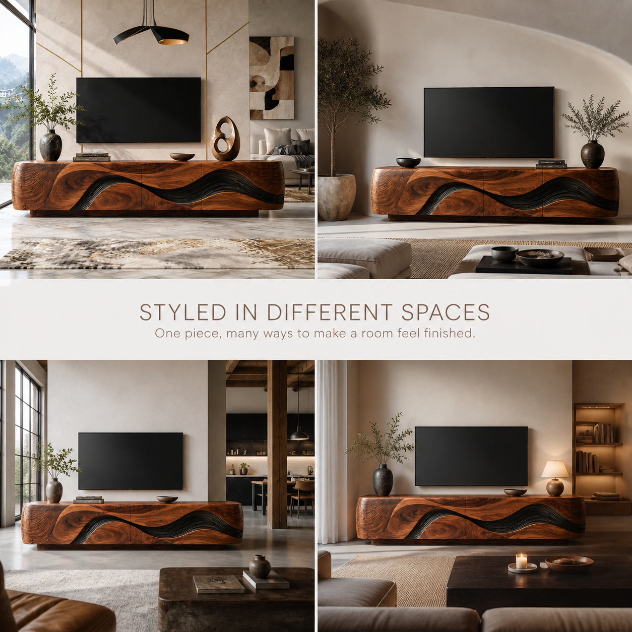 Vale Sculptural Solid Wood TV Stand - Design 016 - TV stand detail and styling view 09