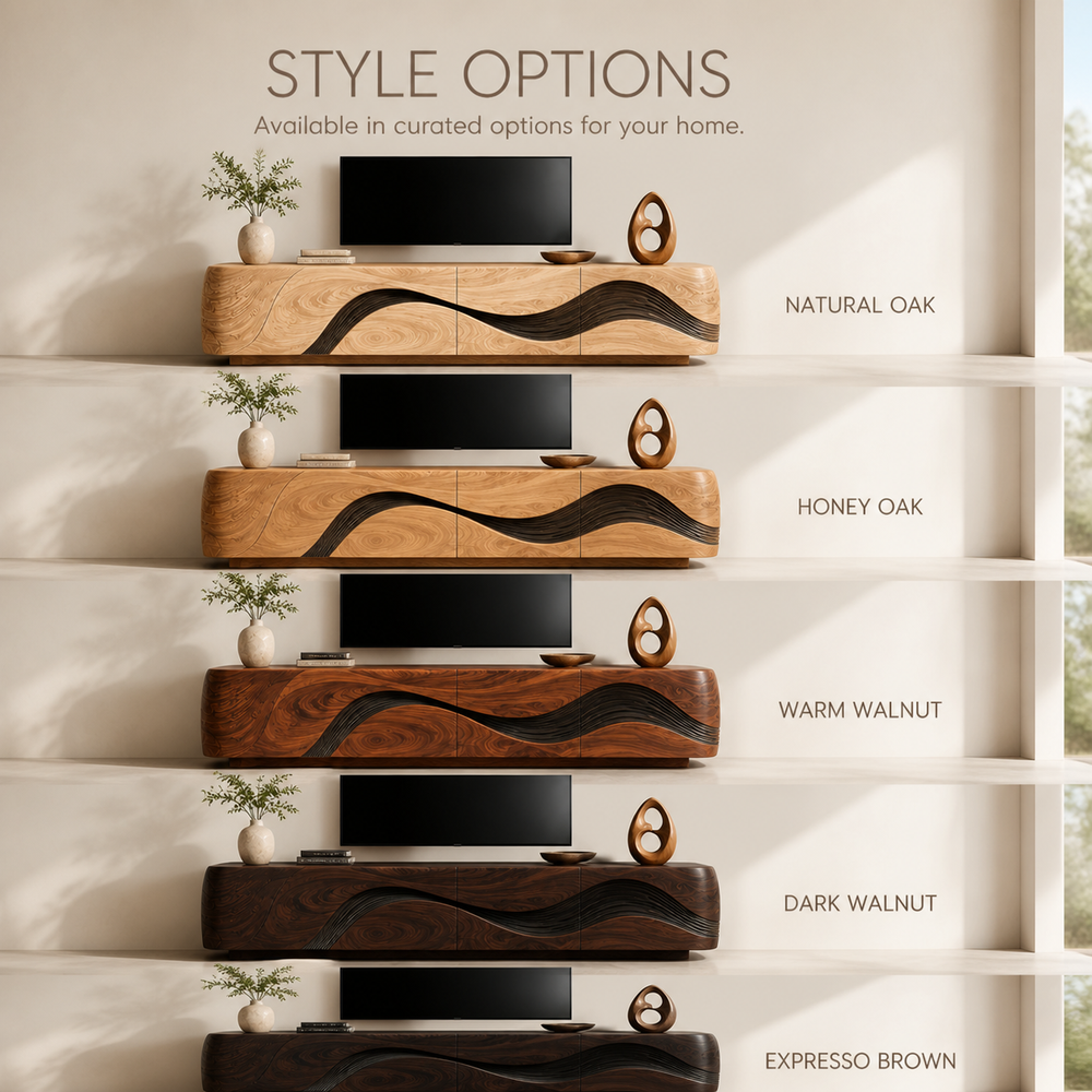 Vale Sculptural Solid Wood TV Stand - Design 016 - TV stand detail and styling view 10