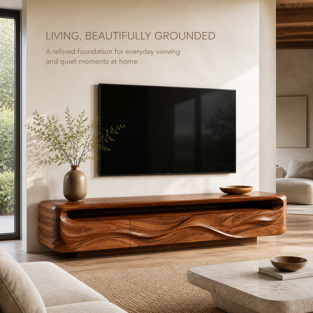 Isla Sculptural Solid Wood TV Stand - Design 017 - TV stand detail and styling view 01