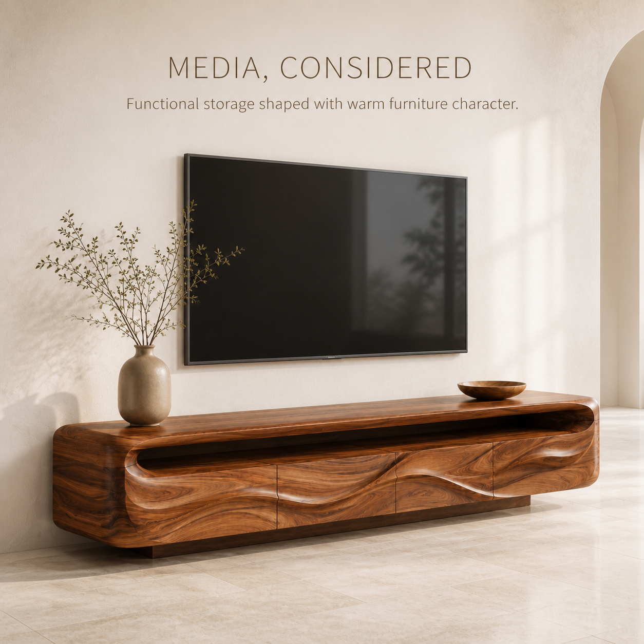 Isla Sculptural Solid Wood TV Stand - Design 017 - TV stand detail and styling view 02