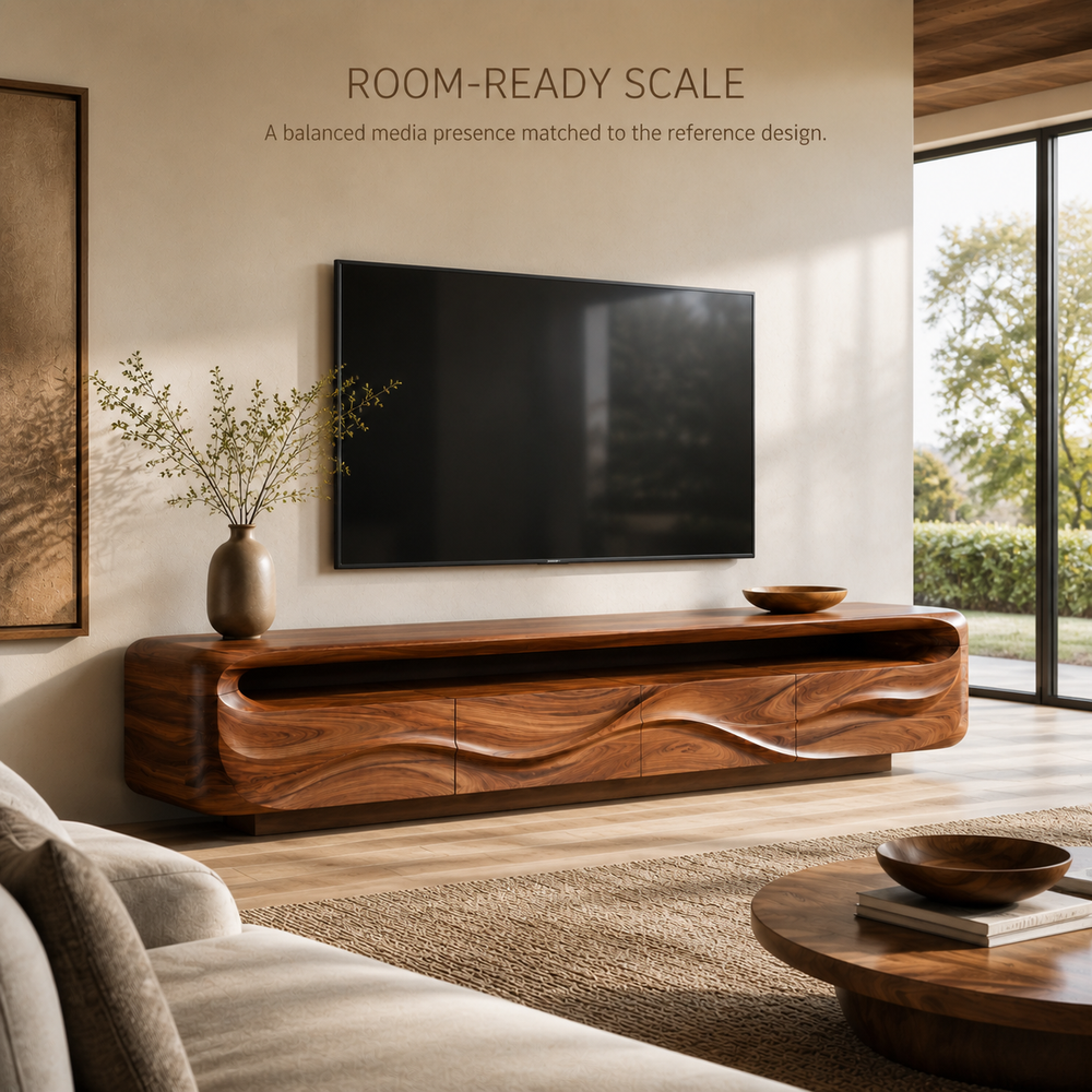 Isla Sculptural Solid Wood TV Stand - Design 017 - TV stand detail and styling view 03