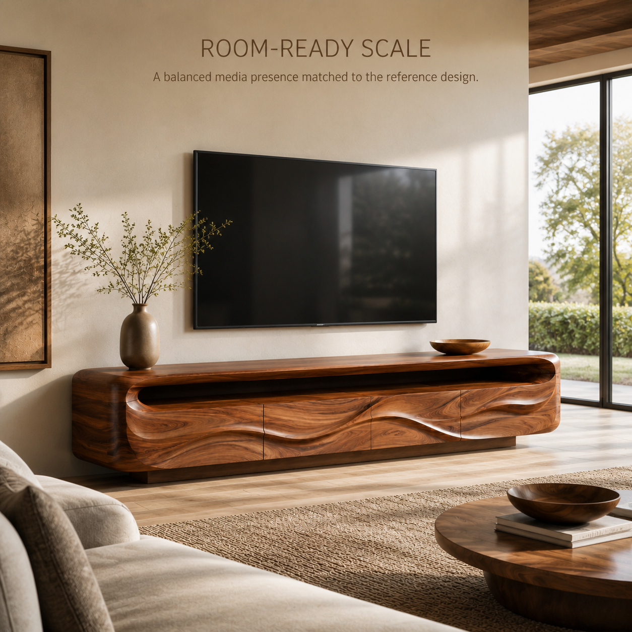 Isla Sculptural Solid Wood TV Stand - Design 017 - TV stand detail and styling view 03