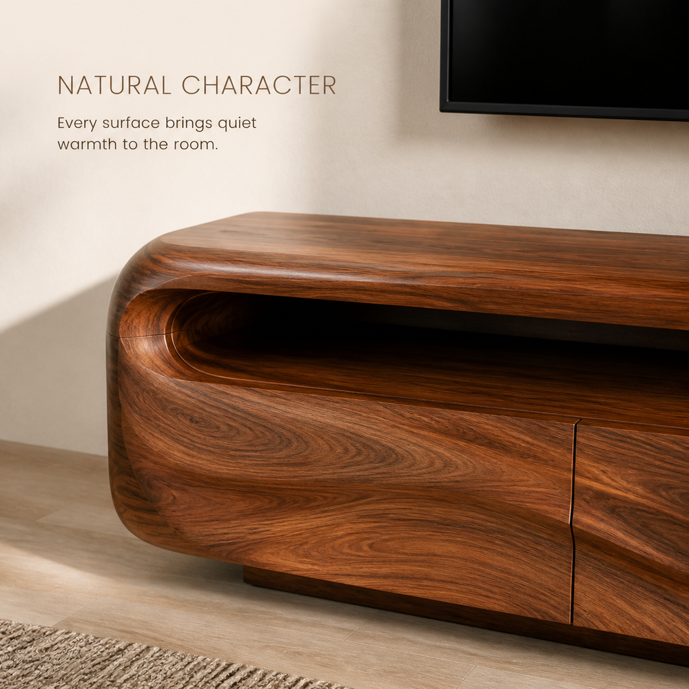 Isla Sculptural Solid Wood TV Stand - Design 017 - TV stand detail and styling view 04