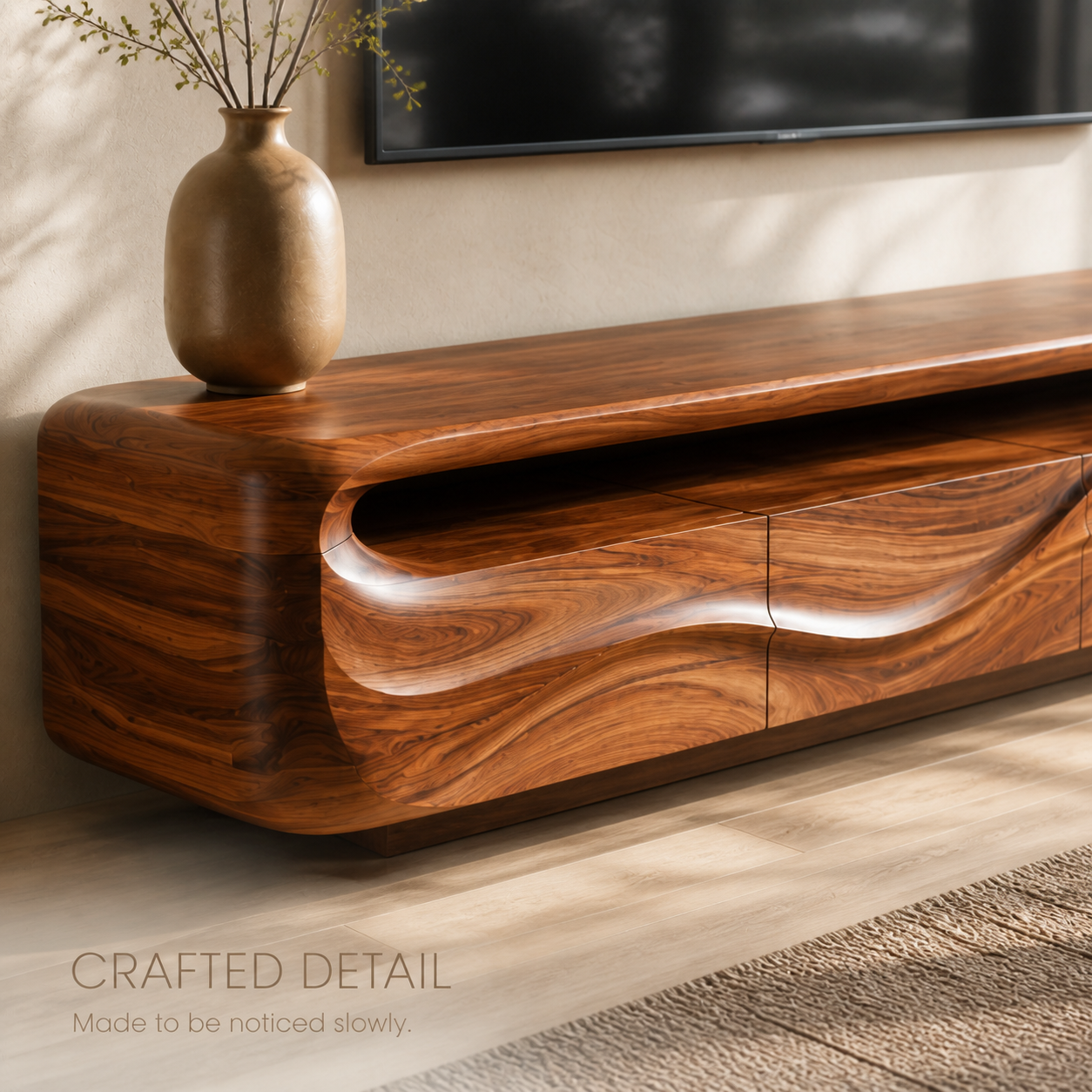 Isla Sculptural Solid Wood TV Stand - Design 017 - TV stand detail and styling view 05