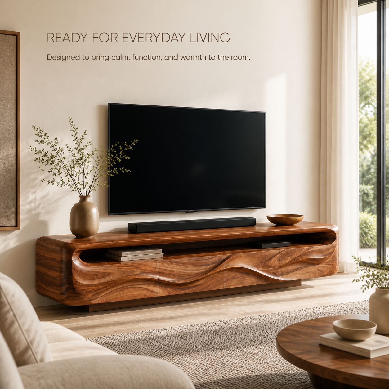 Isla Sculptural Solid Wood TV Stand - Design 017 - TV stand detail and styling view 06