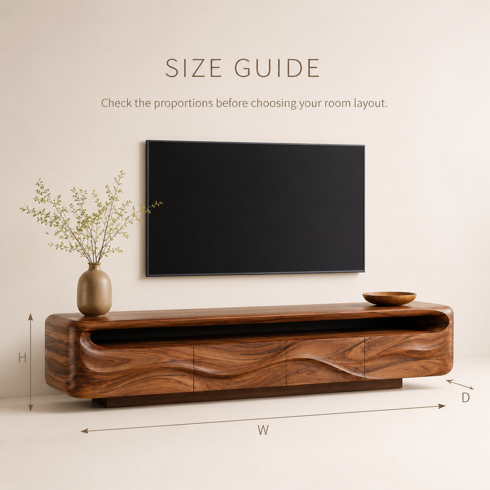 Isla Sculptural Solid Wood TV Stand - Design 017 - TV stand detail and styling view 07