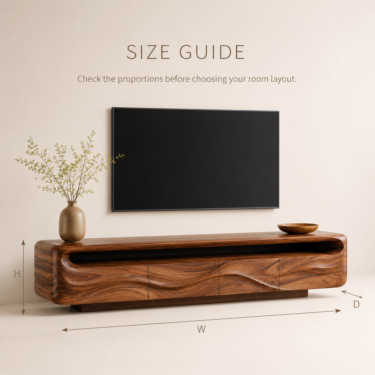 Isla Sculptural Solid Wood TV Stand - Design 017 - TV stand detail and styling view 07