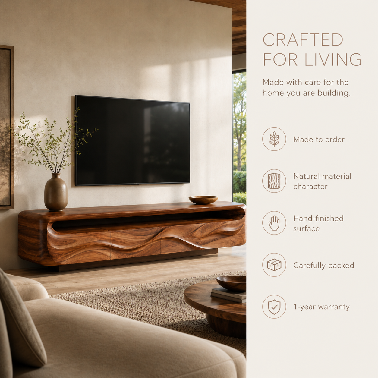Isla Sculptural Solid Wood TV Stand - Design 017 - TV stand detail and styling view 08