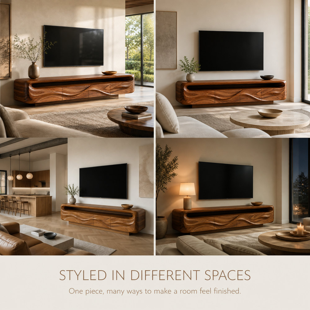 Isla Sculptural Solid Wood TV Stand - Design 017 - TV stand detail and styling view 09