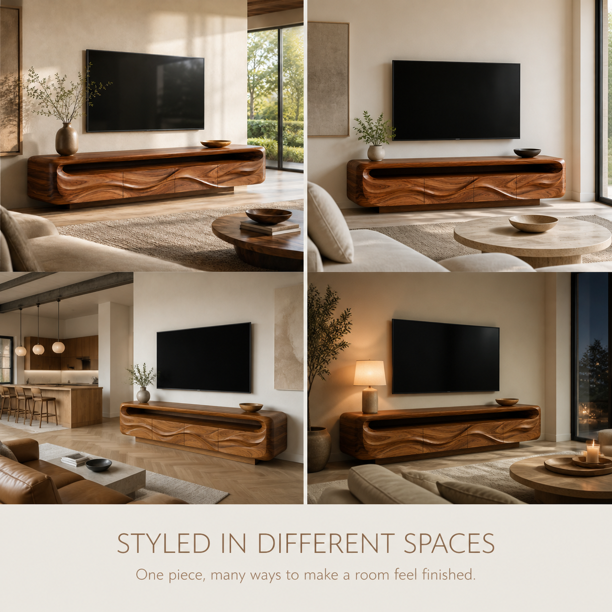 Isla Sculptural Solid Wood TV Stand - Design 017 - TV stand detail and styling view 09