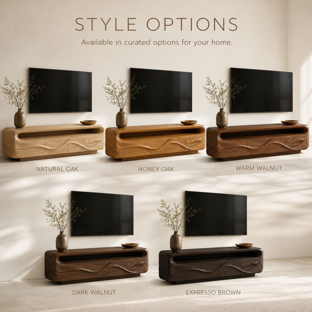 Isla Sculptural Solid Wood TV Stand - Design 017 - TV stand detail and styling view 10