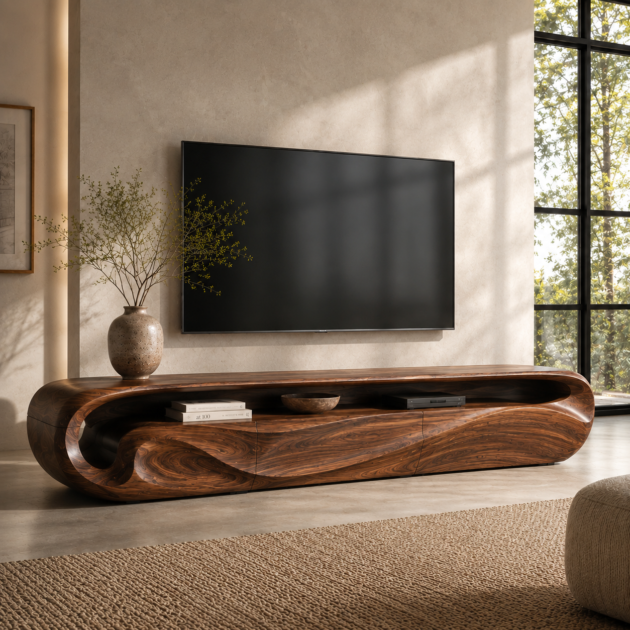 Celine Sculptural Solid Wood TV Stand - Design 018 - premium solid wood TV stand main lifestyle view
