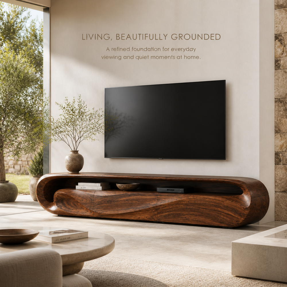 Celine Sculptural Solid Wood TV Stand - Design 018 - TV stand detail and styling view 01