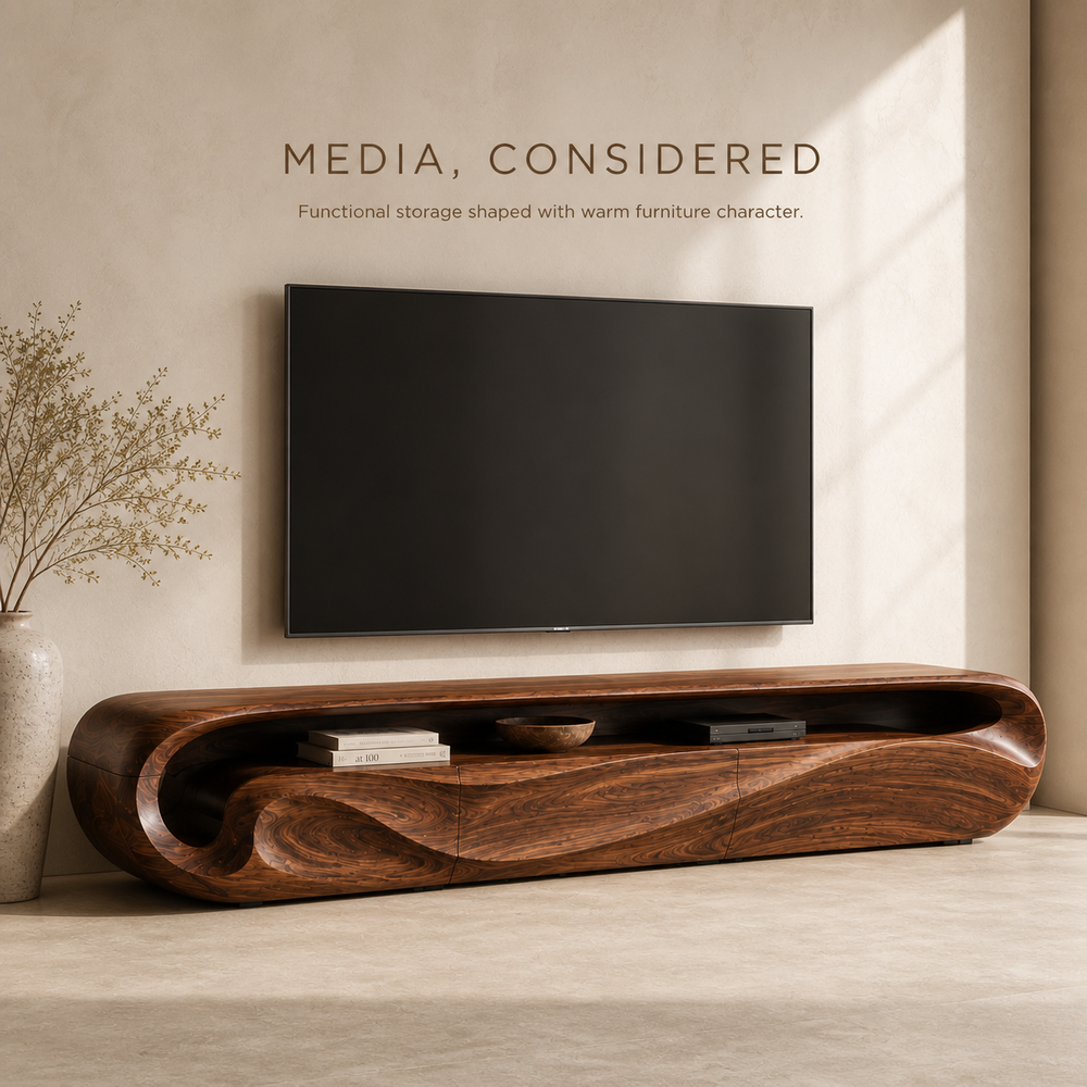 Celine Sculptural Solid Wood TV Stand - Design 018 - TV stand detail and styling view 02