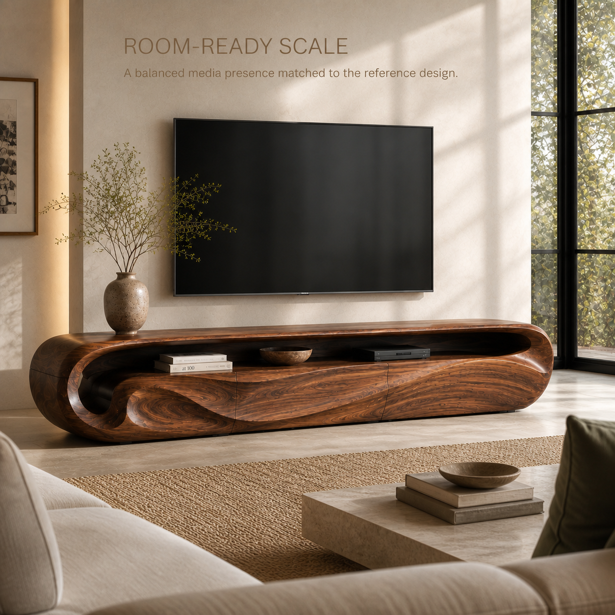 Celine Sculptural Solid Wood TV Stand - Design 018 - TV stand detail and styling view 03