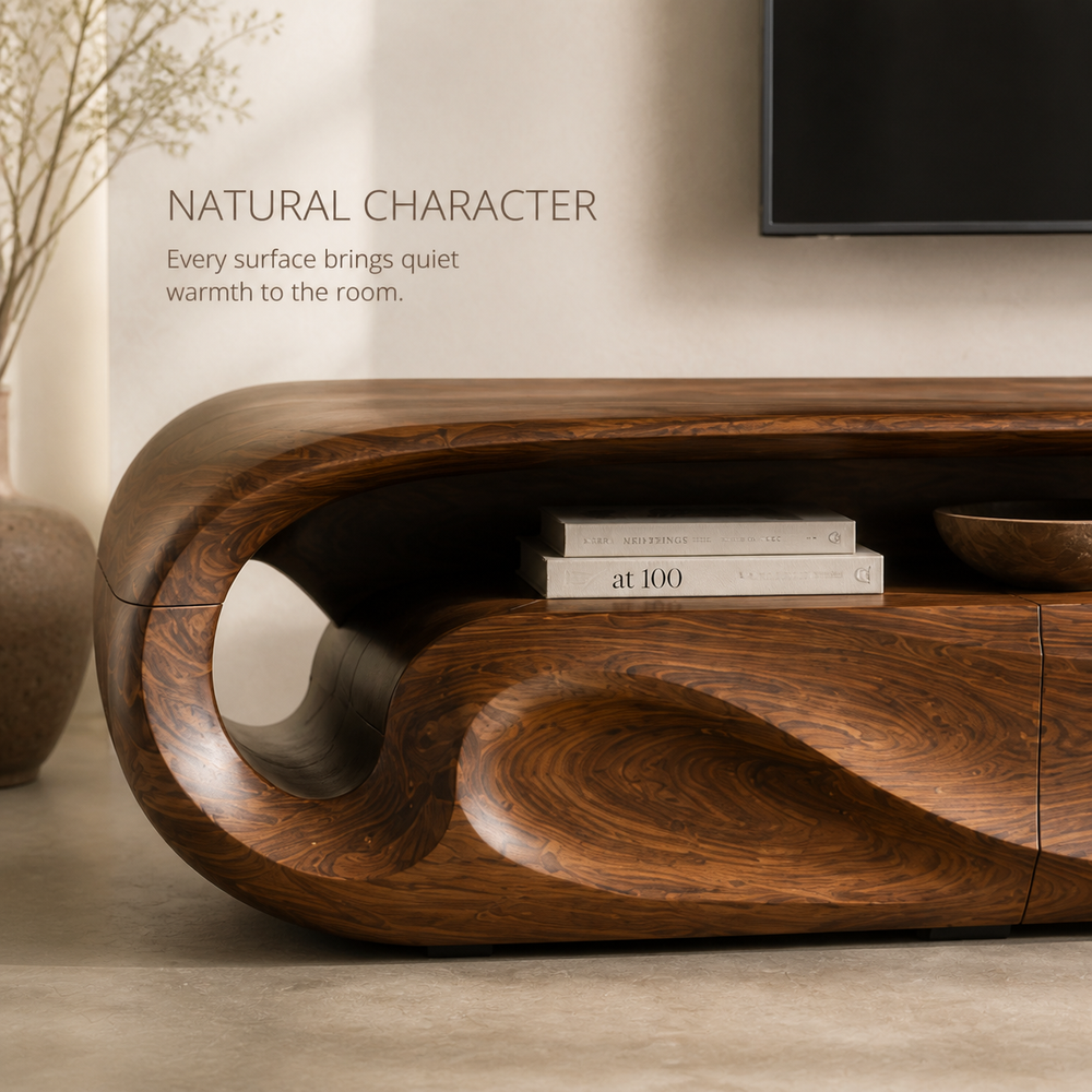Celine Sculptural Solid Wood TV Stand - Design 018 - TV stand detail and styling view 04