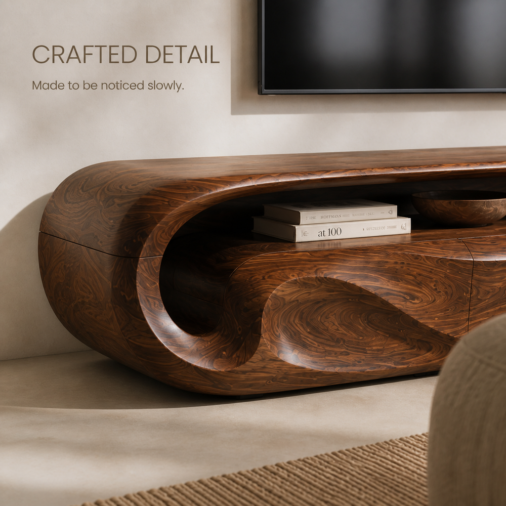 Celine Sculptural Solid Wood TV Stand - Design 018 - TV stand detail and styling view 05