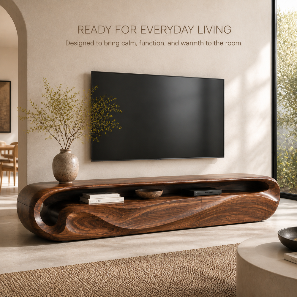 Celine Sculptural Solid Wood TV Stand - Design 018 - TV stand detail and styling view 06