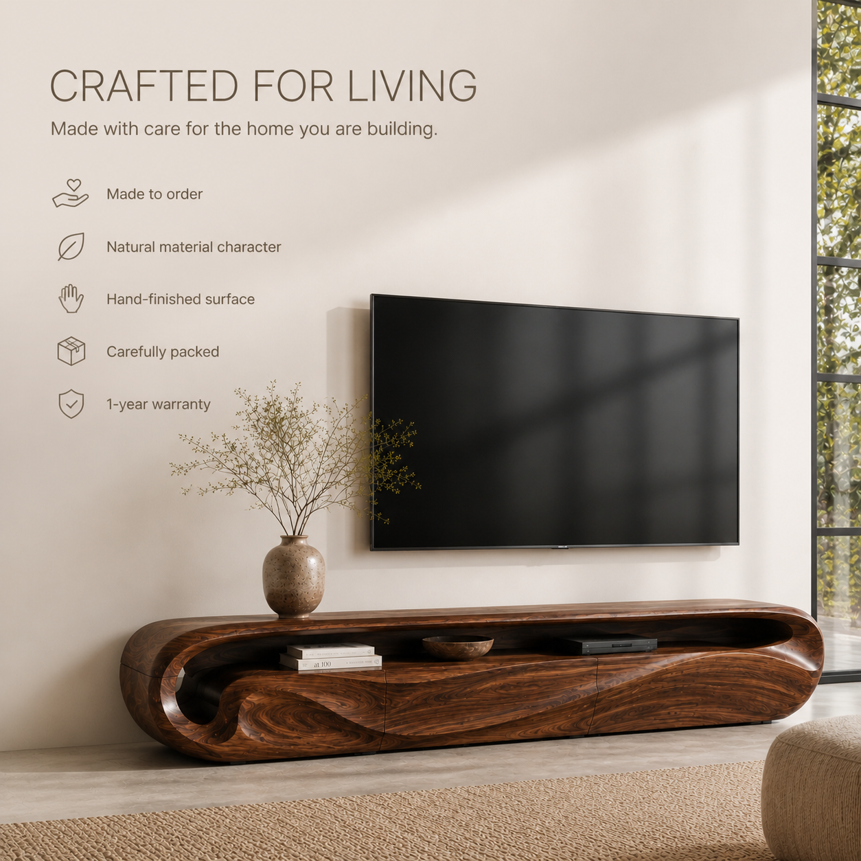 Celine Sculptural Solid Wood TV Stand - Design 018 - TV stand detail and styling view 08