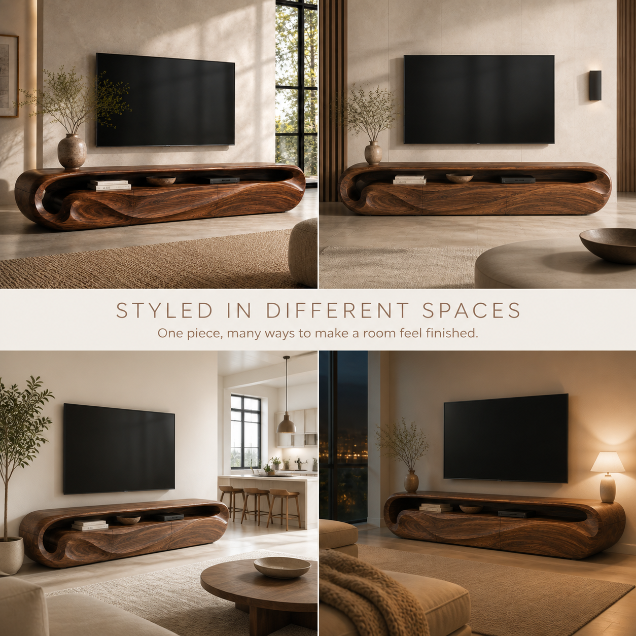 Celine Sculptural Solid Wood TV Stand - Design 018 - TV stand detail and styling view 09