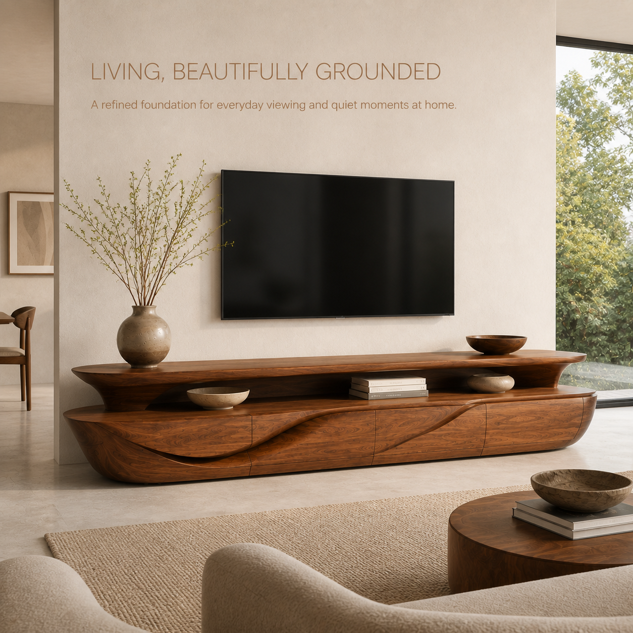 Alden Sculptural Solid Wood TV Stand - Design 019 - TV stand detail and styling view 01