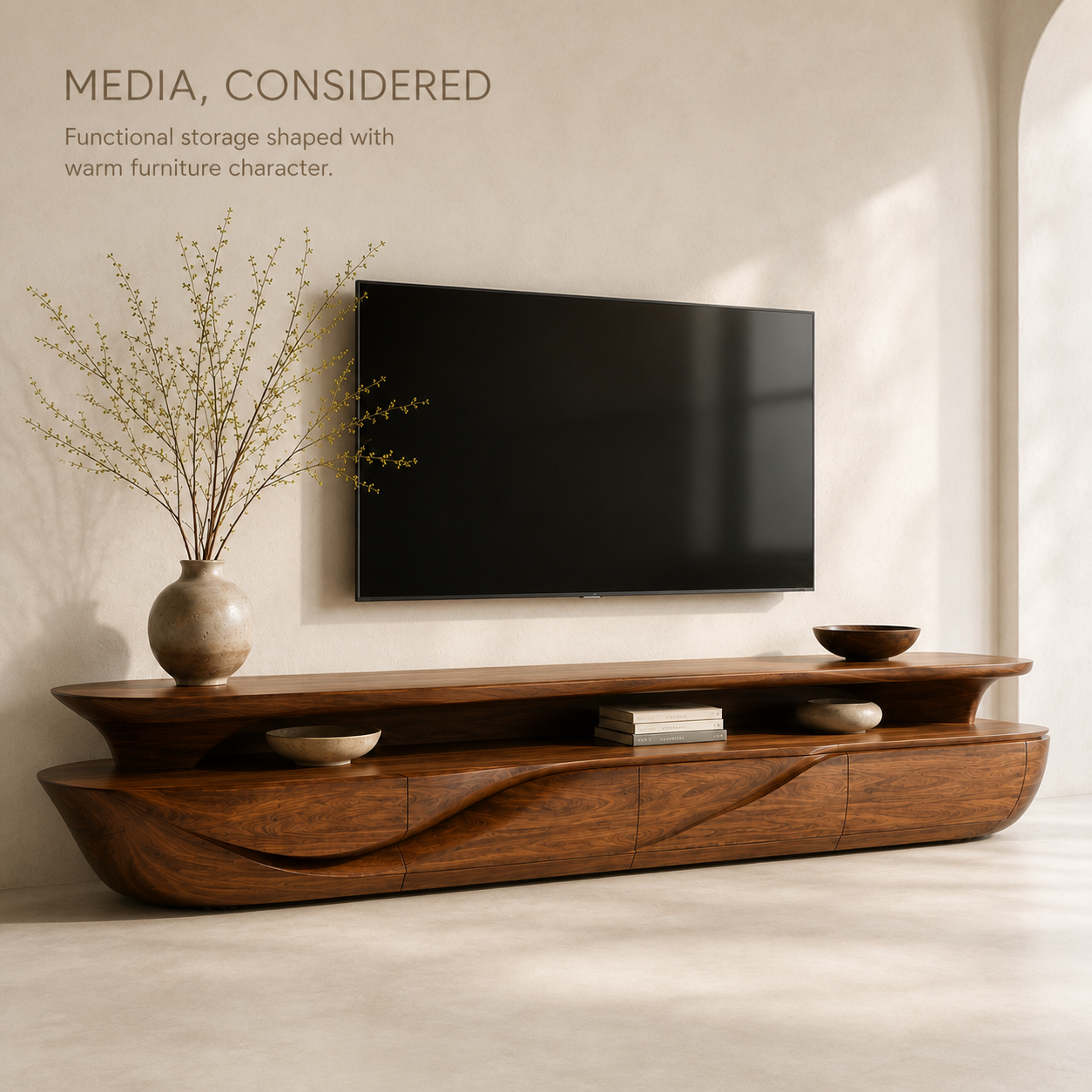 Alden Sculptural Solid Wood TV Stand - Design 019 - TV stand detail and styling view 02