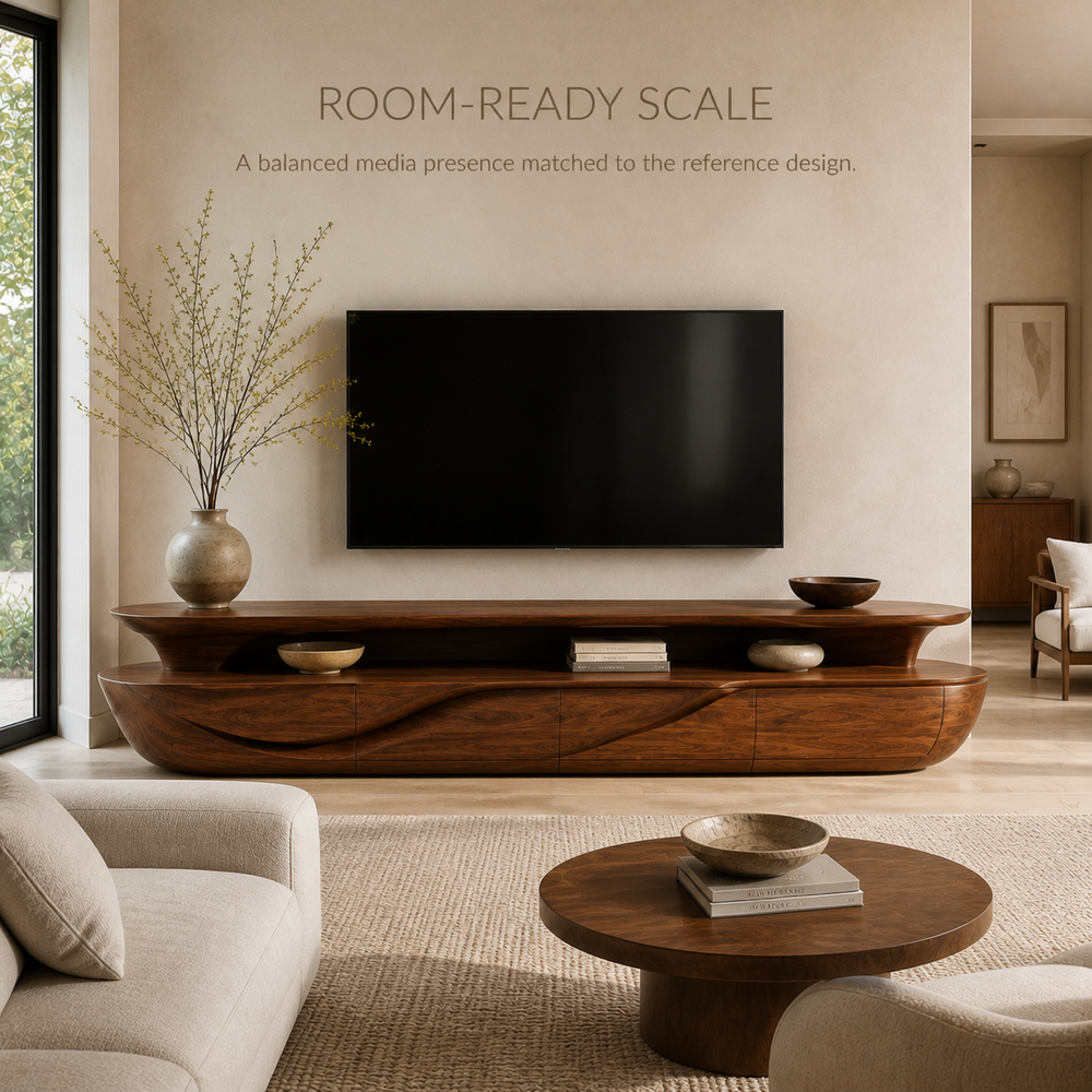 Alden Sculptural Solid Wood TV Stand - Design 019 - TV stand detail and styling view 03