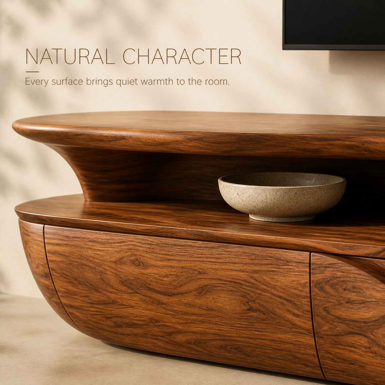 Alden Sculptural Solid Wood TV Stand - Design 019 - TV stand detail and styling view 04