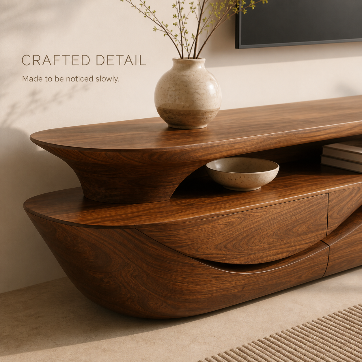 Alden Sculptural Solid Wood TV Stand - Design 019 - TV stand detail and styling view 05