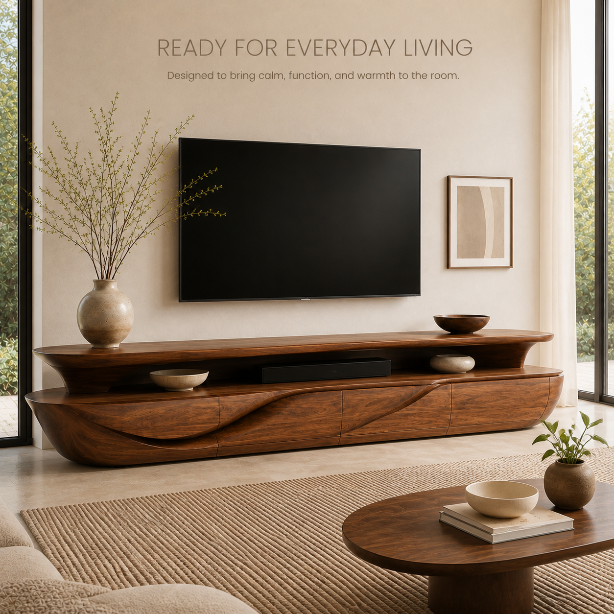 Alden Sculptural Solid Wood TV Stand - Design 019 - TV stand detail and styling view 06