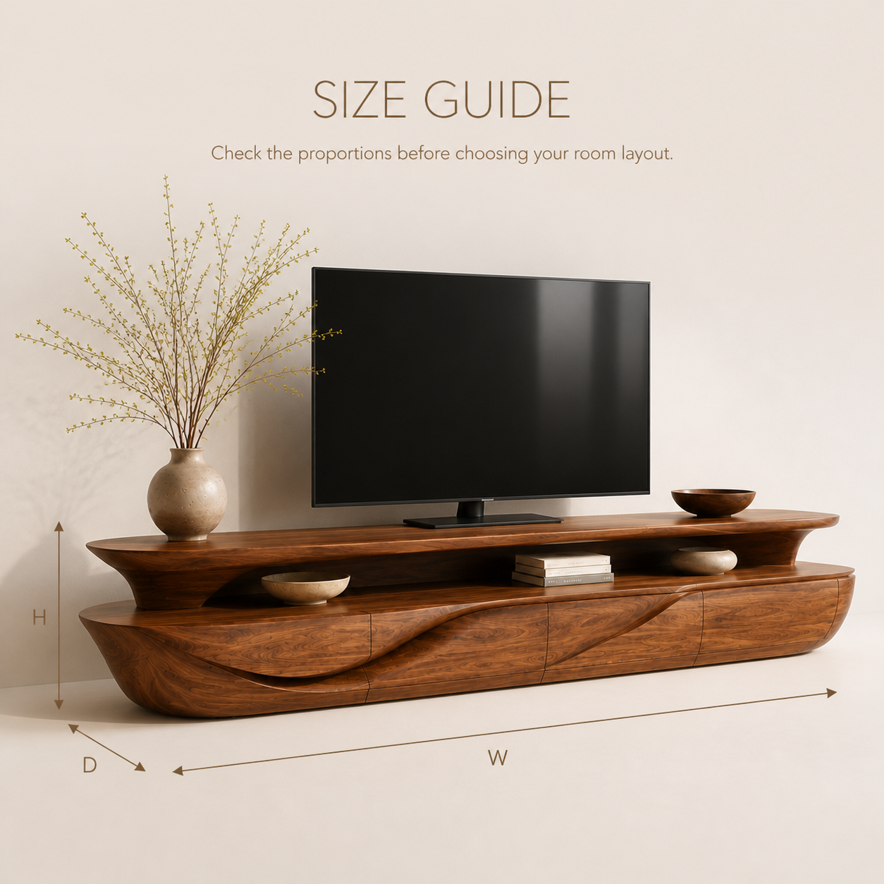 Alden Sculptural Solid Wood TV Stand - Design 019 - TV stand detail and styling view 07