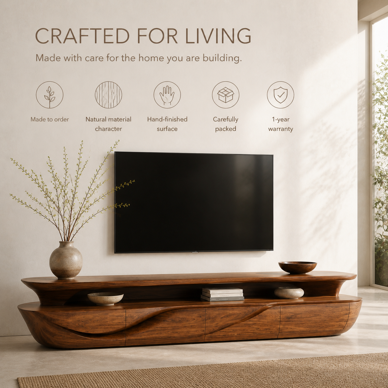 Alden Sculptural Solid Wood TV Stand - Design 019 - TV stand detail and styling view 08