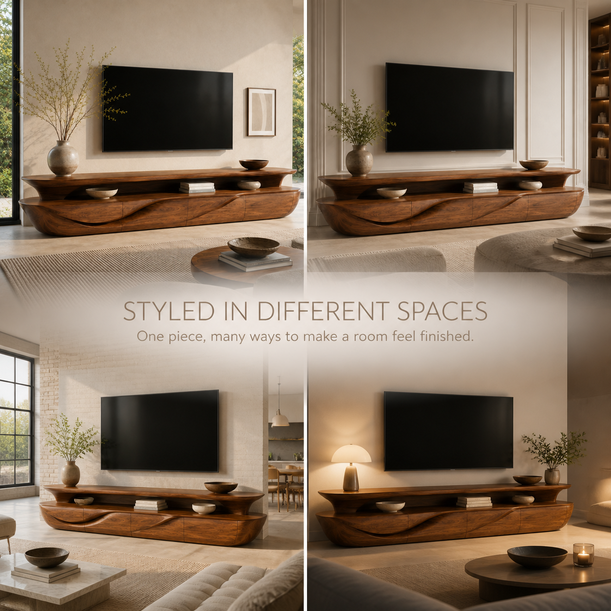 Alden Sculptural Solid Wood TV Stand - Design 019 - TV stand detail and styling view 09