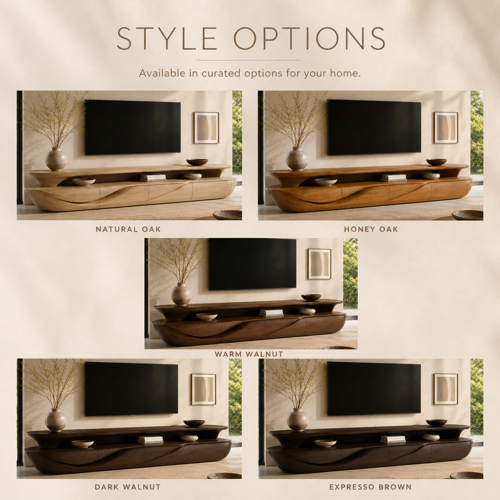 Alden Sculptural Solid Wood TV Stand - Design 019 - TV stand detail and styling view 10