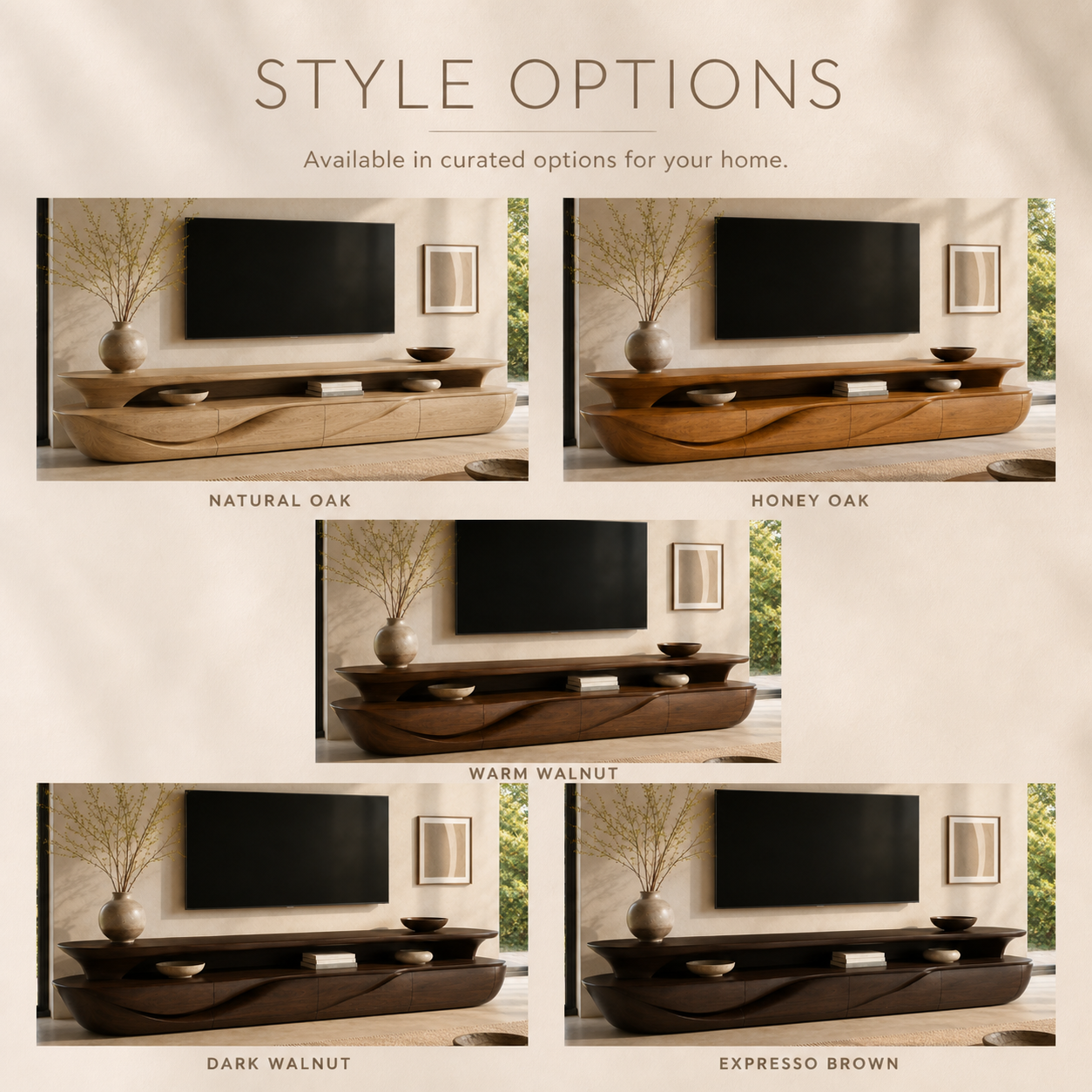 Alden Sculptural Solid Wood TV Stand - Design 019 - TV stand detail and styling view 10