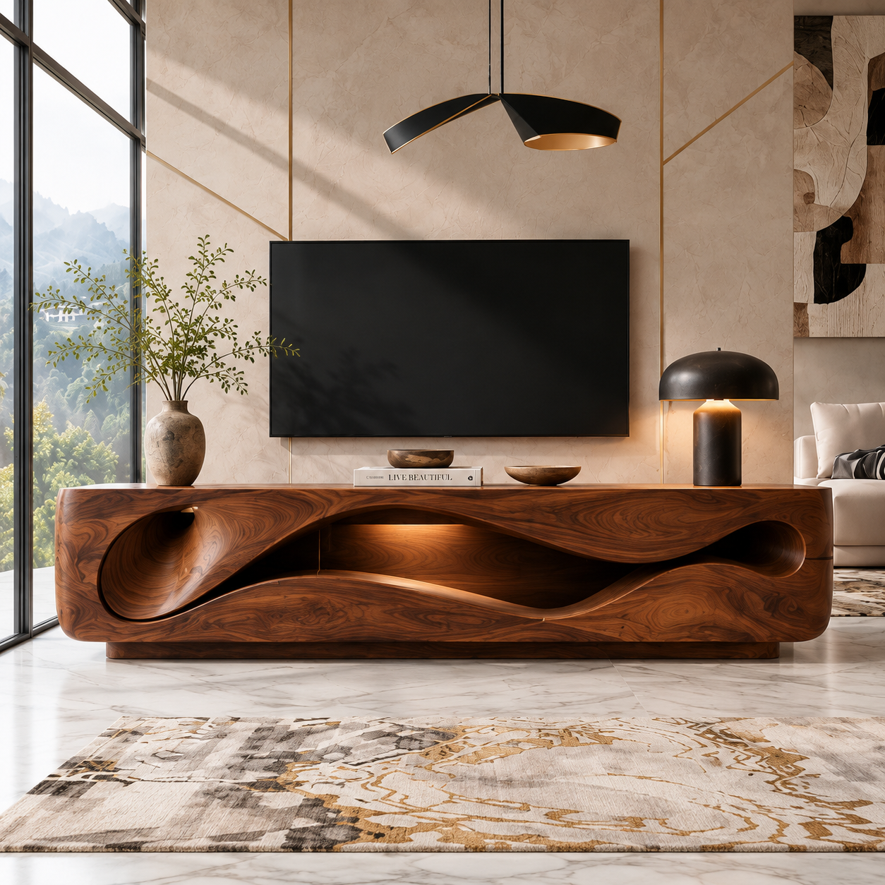 Eira Sculptural Solid Wood TV Stand - Design 020 - premium solid wood TV stand main lifestyle view