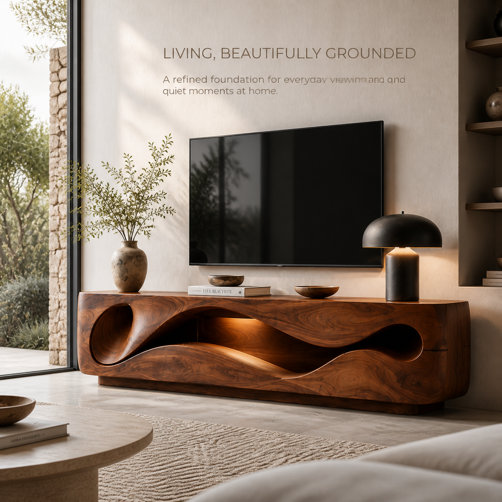Eira Sculptural Solid Wood TV Stand - Design 020 - TV stand detail and styling view 01