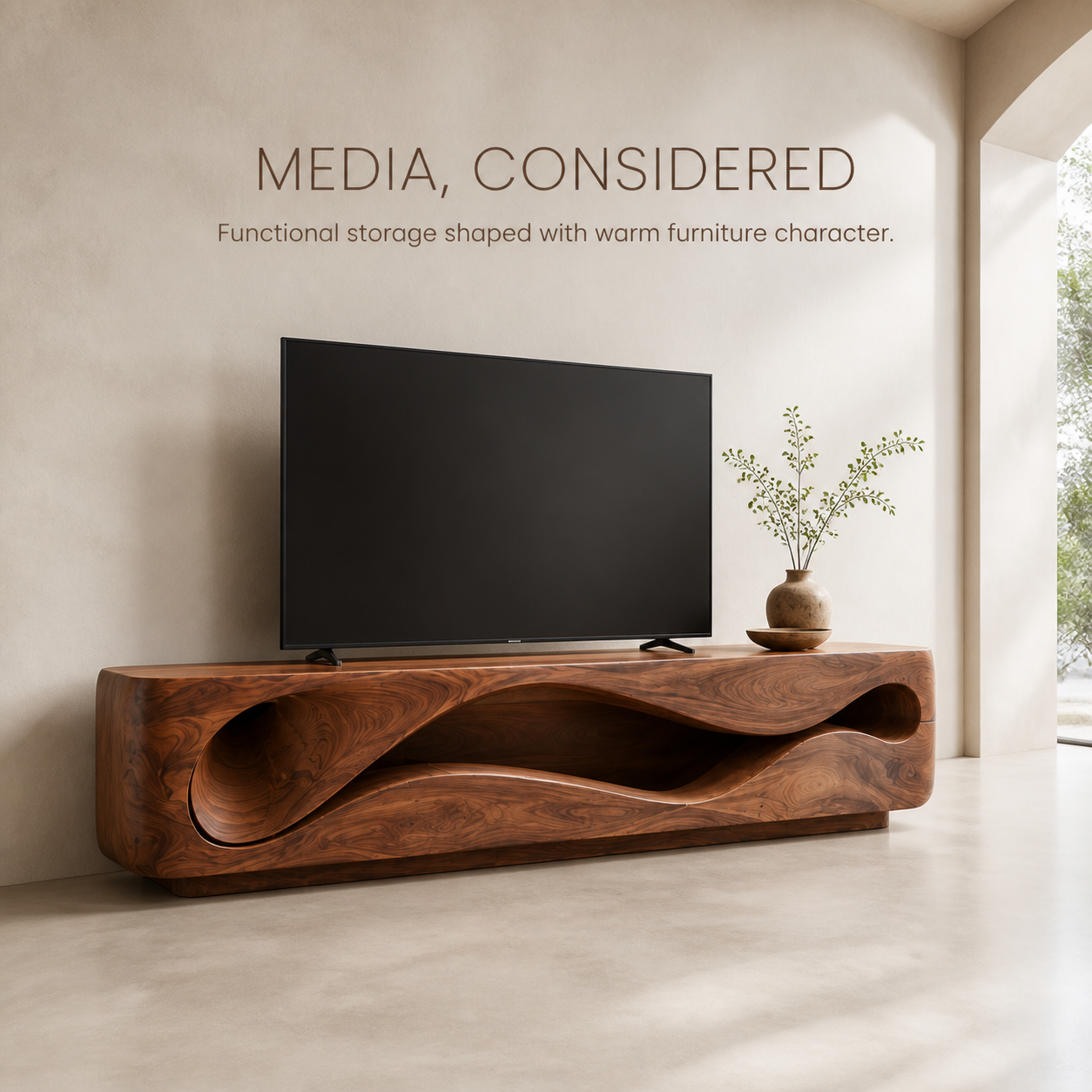 Eira Sculptural Solid Wood TV Stand - Design 020 - TV stand detail and styling view 02