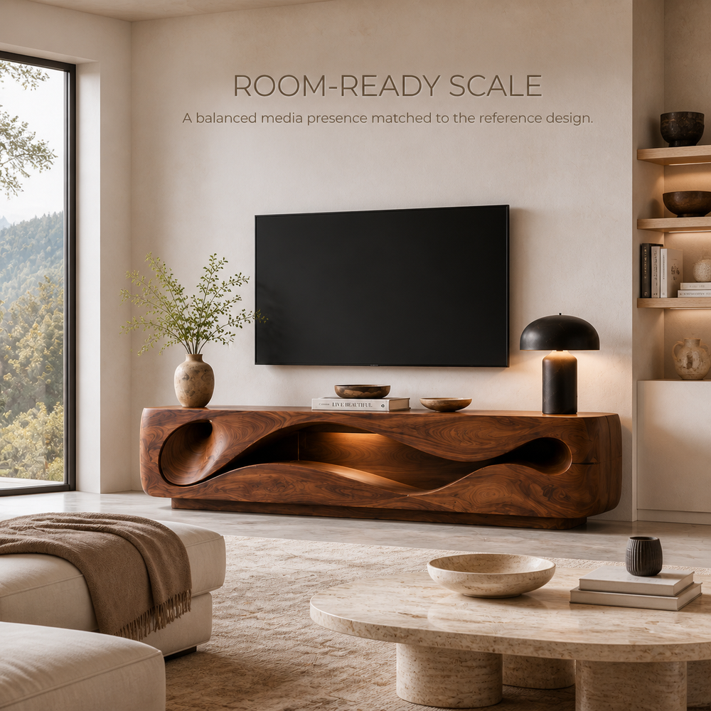 Eira Sculptural Solid Wood TV Stand - Design 020 - TV stand detail and styling view 03