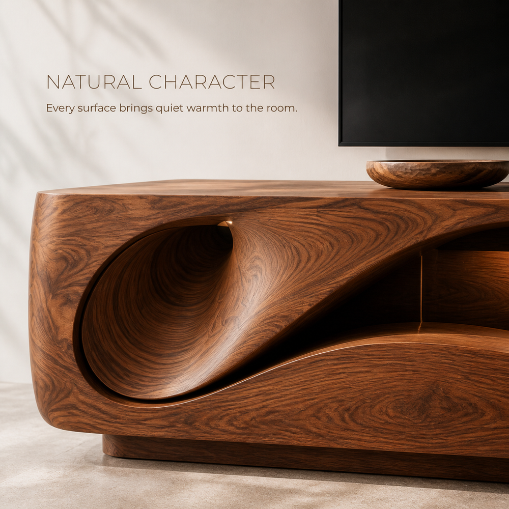 Eira Sculptural Solid Wood TV Stand - Design 020 - TV stand detail and styling view 04