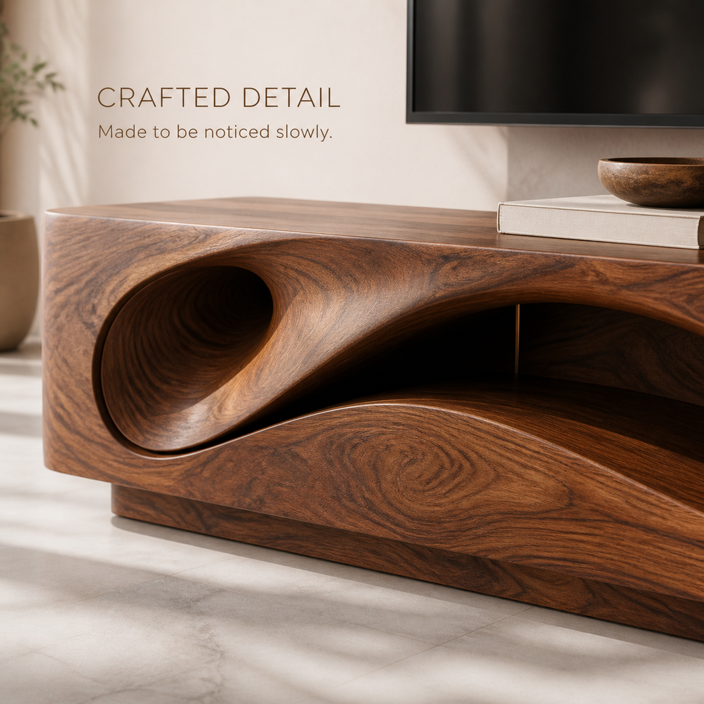 Eira Sculptural Solid Wood TV Stand - Design 020 - TV stand detail and styling view 05