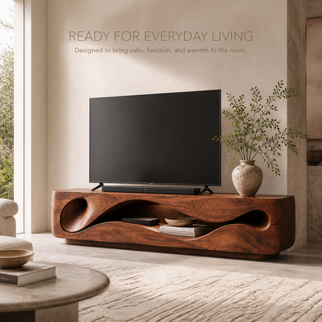 Eira Sculptural Solid Wood TV Stand - Design 020 - TV stand detail and styling view 06