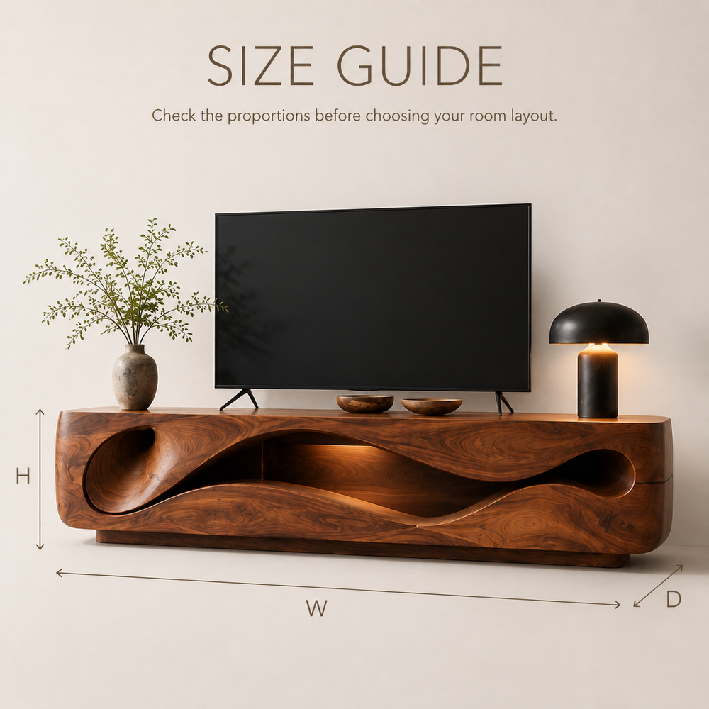 Eira Sculptural Solid Wood TV Stand - Design 020 - TV stand detail and styling view 07