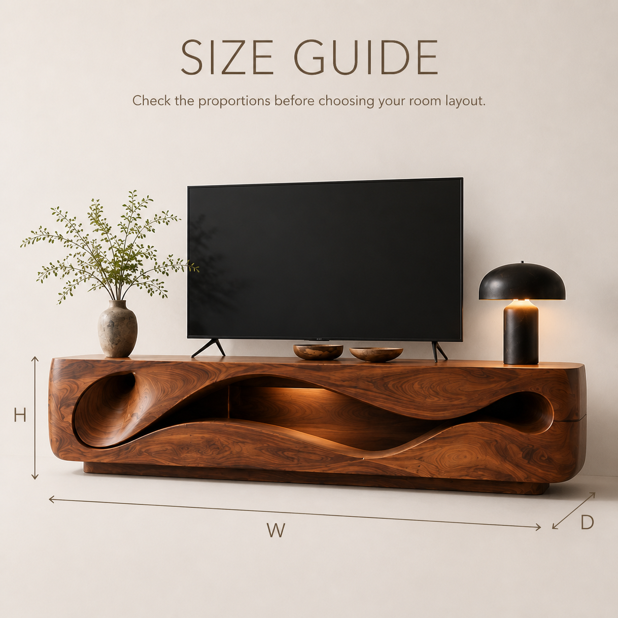 Eira Sculptural Solid Wood TV Stand - Design 020 - TV stand detail and styling view 07