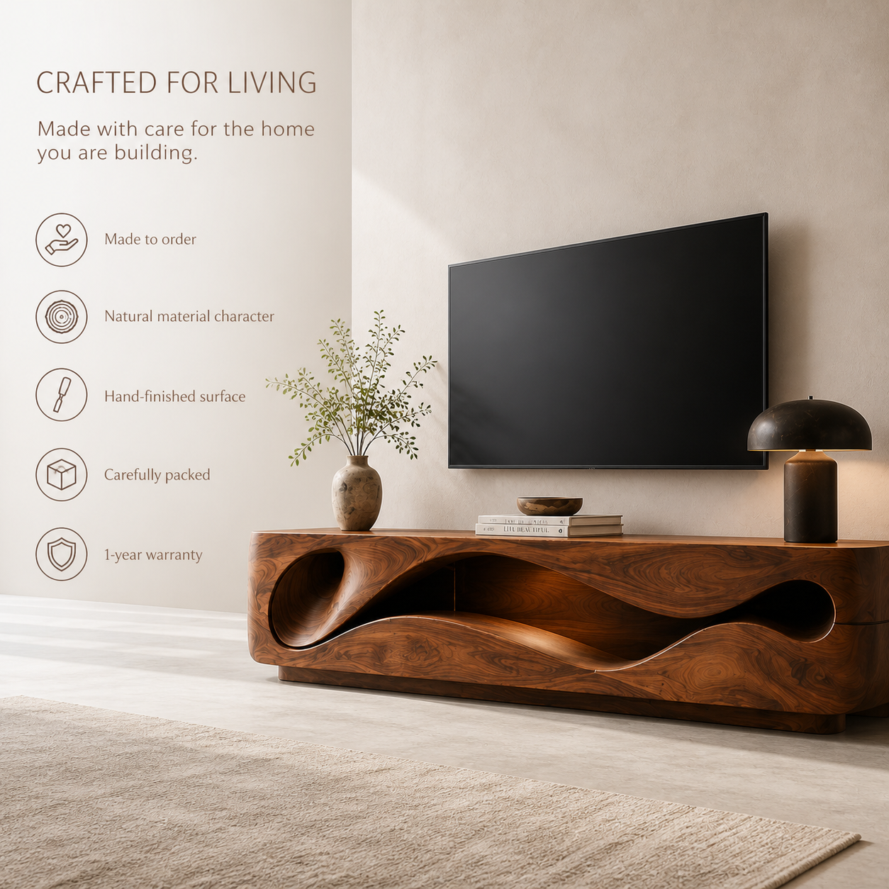 Eira Sculptural Solid Wood TV Stand - Design 020 - TV stand detail and styling view 08
